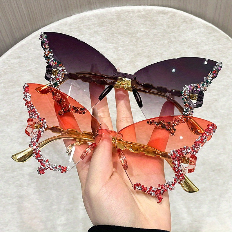 Chic Butterfly-Shaped Rimless Fashion Glasses with Sparkling Rhinestone Accents - Large Frame, Anti-Reflective Polycarbonate Lenses for Women - Ideal for Parties, Fashion Shows & daily events